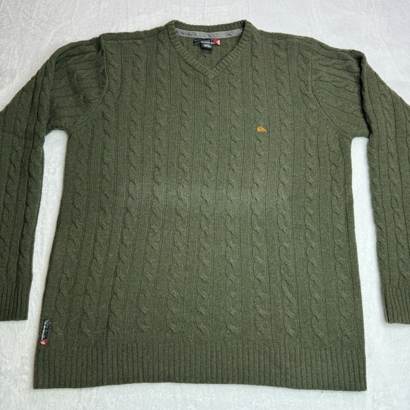 Quicksilver Sweater Large Men's Green Pullover V Neck Cable Knit - Lambs Wool - Picture 2 of 15